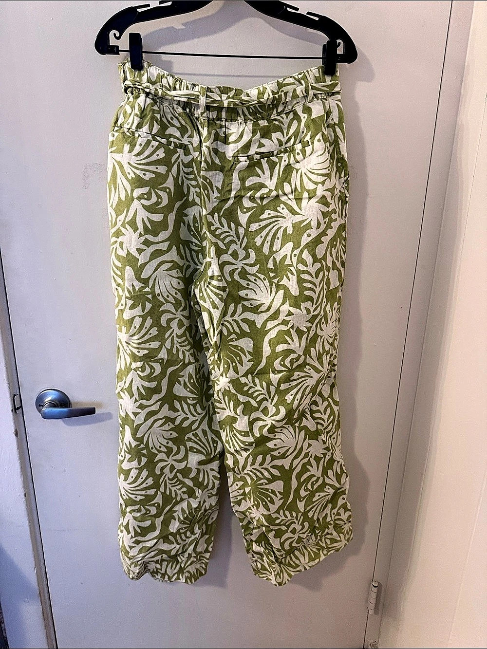 Rachel Zoe Green Leaf Print Tie Waist 100% Linen Pants Linen Pants Green & White
